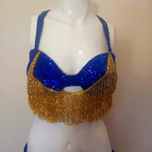 Belly Dancer Ornate Beaded Blue Gold Two Piece Bra Sheer Layered Tiered Skirt - Picture 3 of 13